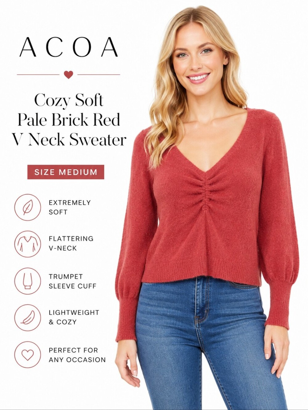 ACOA Women's Cozy Soft Pale Brick Red V Neck Sweater Size Medium